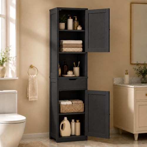 Tall Bathroom Storage Cabinet with 6 Adjustable Shelves - Black, 1 Drawer - Walsunny