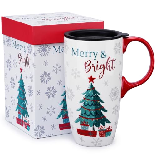 Topadorn 17oz Christmas Tree Ceramic Travel Mug with Lid - Merry & Bright