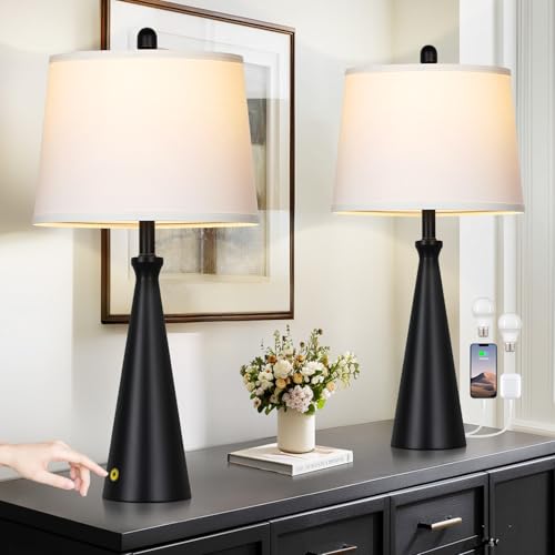 Black 28-Inch Touch-Control Table Lamps Set of 2 with USB Ports - Modern Bedside & Living Room Lighting
