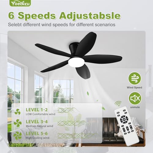 Yoedivu 42 Inch Black Flush Mount Ceiling Fan with Lights & Remote - 6-Speed, Dimmable, Timer, Noiseless