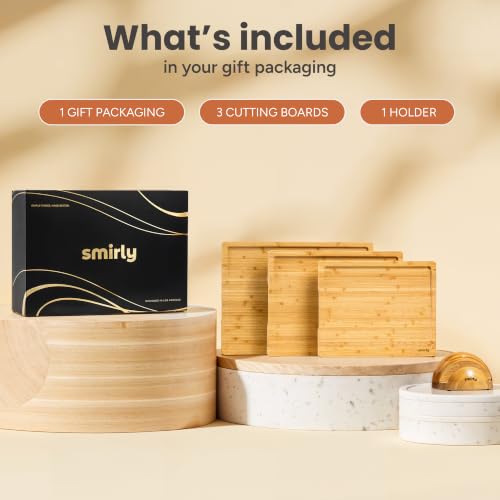 SMIRLY Natural Bamboo 4-Piece Cutting Board Set with Stand - Non-Toxic Kitchen Utensils
