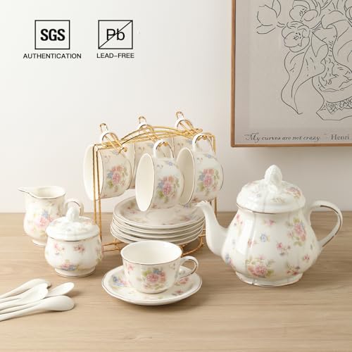 Sweejar Small Flower Floral Tea Set for 6 with Teapot & Saucers – Gold Rim Porcelain, Elegant Gift