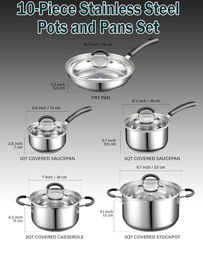 10-Piece Stainless Steel Cookware Set with Glass Lids, Oven Safe
