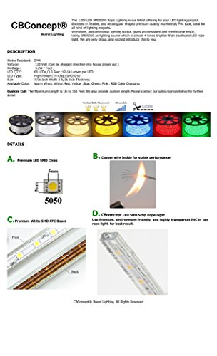 CBConcept Dimmable 164ft LED Rope Light 18000 Lumen 6000K Pure White Indoor Outdoor