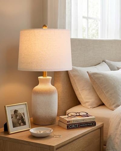 PoKat 24-Inch Farmhouse Ceramic Table Lamp with White & Antique Finish