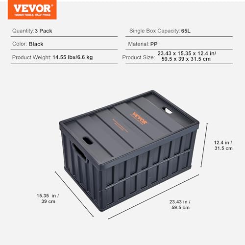 VEVOR 65L Black Collapsible Storage Bins with Lids - 3 Pack, Stackable, Space-Saving