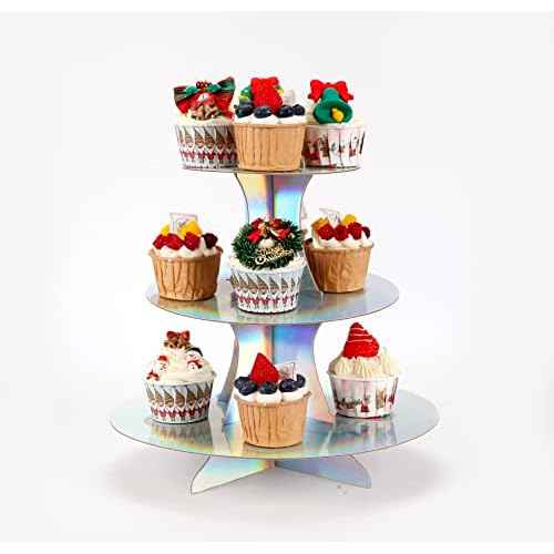 3-Tier Cupcake Stand, Round Rainbow Cake Stand Holder, Tiered DIY Cupcake Stand Tower for Dessert Table Displays, Birthday Theme Party Favors Decoration, Floral Tea Party, 12" W x 12.8" H, Laser