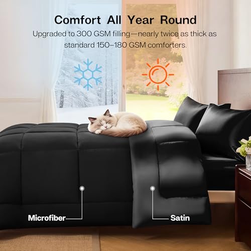 MR&HM Black Queen Reversible Satin Microfiber Comforter Set, All Seasons, 3 Pieces