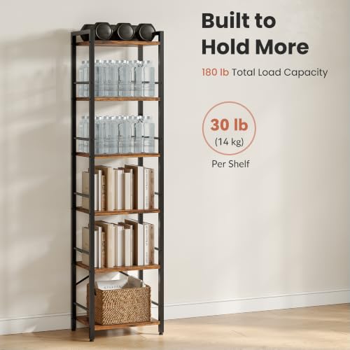 Tall 6-Tier Bookcase with Side Rails - Rustic Brown & Black, Space-Saving Shelving