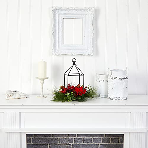 Nearly Natural 14in. Christmas Poinsettia & Berry Candle Holder Decor
