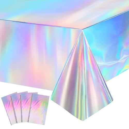4 Pack Iridescence Plastic Tablecloths Shiny Disposable Laser Rectangle Table Covers for Party Decoration Birthday Bridal Wedding Christmas 54" x 108"