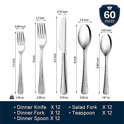 Kingstone 60-Piece Silver Flatware Set 18/10 Stainless Steel Hammered Finish for 12