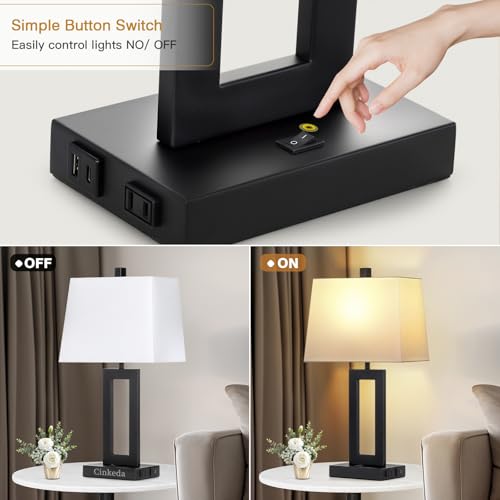 Cinkeda Black Bedside Table Lamp Set of 2,Nightstand Lamps with USB