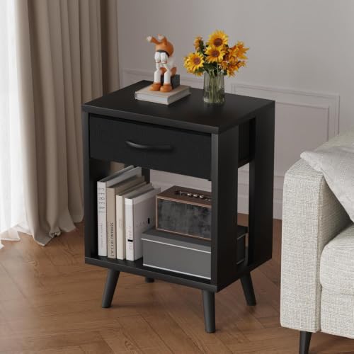 GYIIYUO 24-Inch Nightstands Set of 2 with Fabric Drawers, Black, M (15.7"D x 11.8"W) - Modern Bedroom Storage