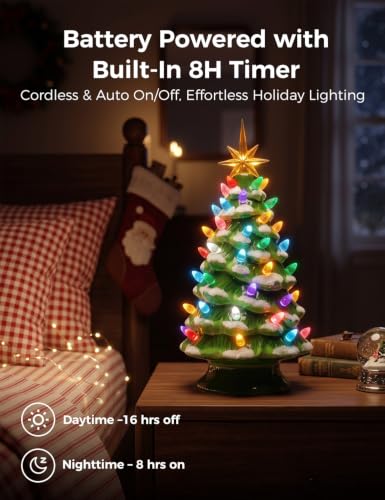Snow-Flocked 13in Brightown Pre-lit Ceramic Christmas Tree, Battery Powered | Snow-flocked Variant