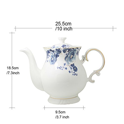 Blue and White European Style Ceramic Flower Teapot - 5.5 Cups Porcelain Water Pot Gift