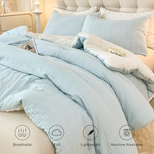 tohrisa Full Size Boho Striped Comforter Set Light Blue 80x90 - 3 Pieces Bedding