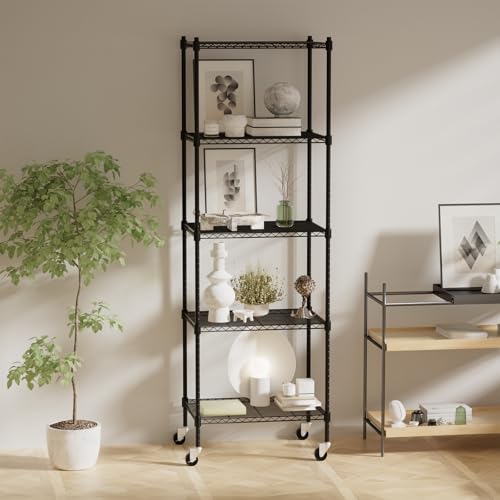 Black 5-Tier Heavy Duty Metal Storage Shelves with Wheels - Adjustable Garage & Kitchen Organizer