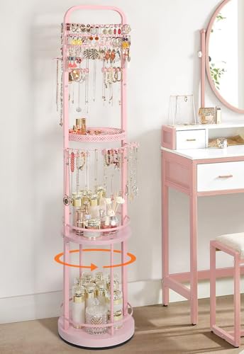 Pink Rotating Jewelry Organizer Stand with Earring, Necklace & Bracelet Storage