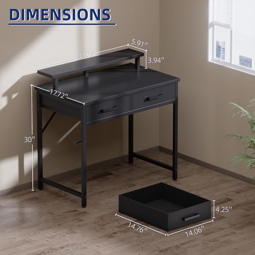 Small Computer Desk with Monitor Stand & Drawers - Black, 32 Inch