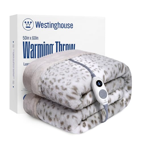 Westinghouse Heated Throw Blanket 50x60 Inches Grey Leopard ETL Certified - Cozy Electric Blanket
