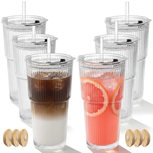 Ruckae 16oz 8 Pack Juice Bottles, Glass Bottles Juicing with Lids, Smoothie Cup Lids and Straws, Water Bottle Mason Jar Drinking Glasses for Juicing, Smoothies, Kombucha