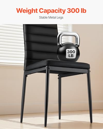 Set of 4 Upholstered Leather Dining Chairs - Modern Accent Chairs with Metal Legs, Black