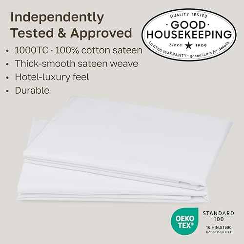 Queen Size Pillow Cases Set of 2 - Bright White 1000 Thread Count Cotton