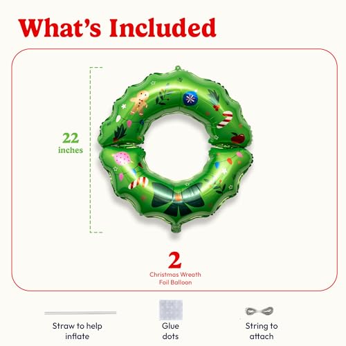 HOUSE OF PARTY Christmas Balloons with Pre-Attached Strings | Wreath Foil Balloons for Holiday Decorations
