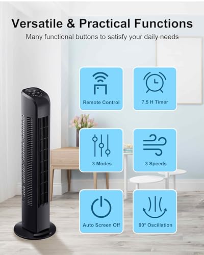 Uthfy 30-Inch Black Oscillating Tower Fan with Remote - Quiet Bladeless Floor Fan for Bedroom & Home