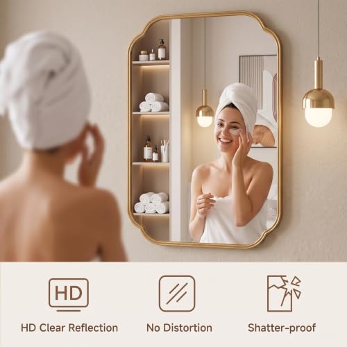 Gold Scalloped Bathroom Mirror - 36x24 Inch Rust-Proof Metal Frame - Variation: Gold / 36"L x 24"W
