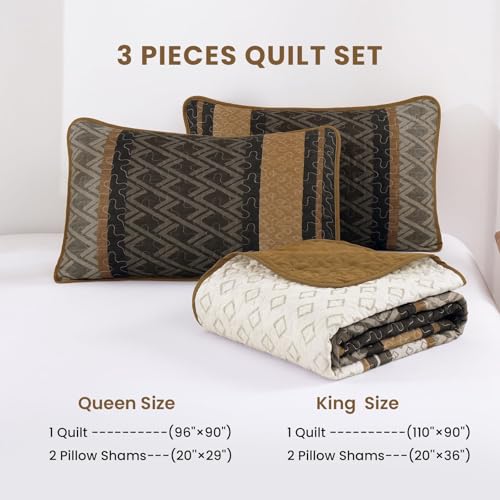Dinjoy Boho Queen Quilt Set - Brown & Striped Fall Bedspreads, Reversible, Lightweight Microfiber Bedding, 3 Piece