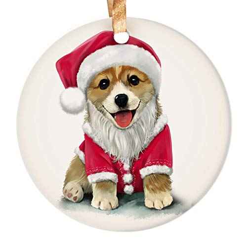 Cute Corgi Christmas Watercolor Ornament 2025 Dog in Christmas Hat Cute Animal Creative 3" Round Ceramic Ornament with Gift Box Xmas Present
