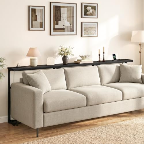 HOOBRO 78.7-Inch Black Narrow Console Table with 5-Height Settings & Built-In Charging Stations — Behind Couch, Slim Design