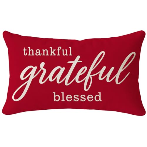 PANDICORN 12x20 Crimson Red Decorative Throw Pillow Cover - Thankful Farmhouse Style