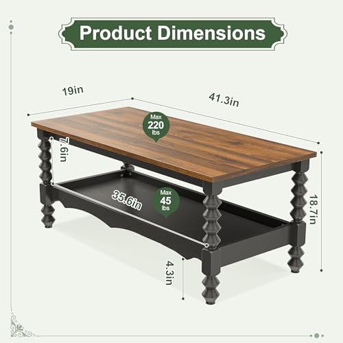 YOSHOOT 42-Inch Black Farmhouse Coffee Table with Storage, 2-Tier, Solid Wood Legs, 18.9"D x 41.3"W x 17.7"H