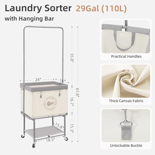 Laundry Cart with Hanging Bar & Storage Shelf - Beige, 110L, 3-in-1