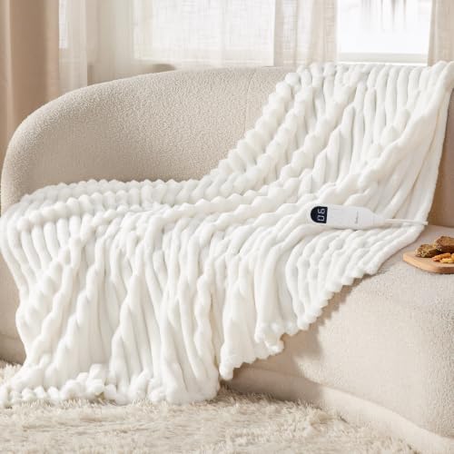 Bedsure White Striped Heated Blanket Electric Throw - Fast Heating, 6 Heat Settings, 6 Timer, 50x60 Inches, Auto Off, Giftable