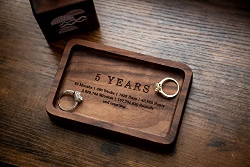 MUUJEE 5 Year Ring Dish - Engraved Rectangle Wood Tray Small Jewelry