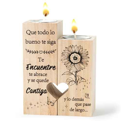 Zainpe Spanish Inspirational Graduation Candle Holders Gift for Teacher Women Friend Sister Bestie Mum Daughter, Wooden Heart Double Sided Printing Candlestick Birthday Friendship Gifts