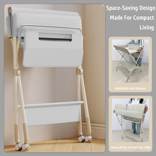 Portable Baby Changing Table with Wheels - Grey, 5-Level Adjustable Height & Large Storage