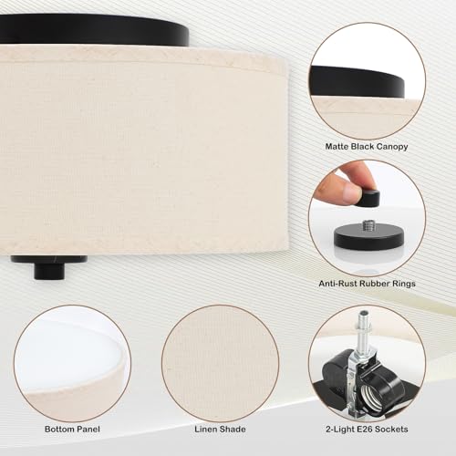 Beige Linen 12-Inch Flush Mount Ceiling Light with 2 E26 Sockets for Small Rooms