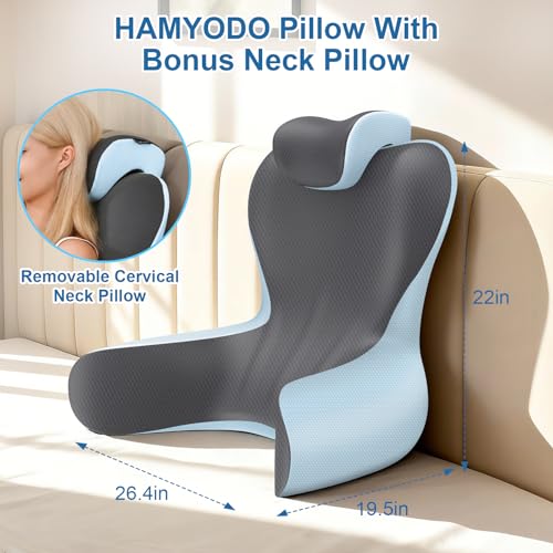 22-Inch XL Reading Pillow Bed Support with Armrests - Grey & Blue, Lumbar Backrest