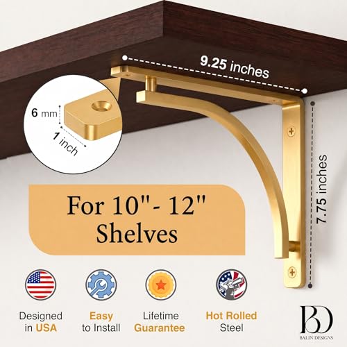 Gold 10 Inch Heavy Duty Shelf Brackets Set of 4 - Wall Mount Support for Shelving