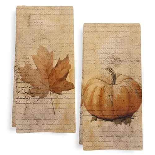 Vintage Fall Pumpkin Kitchen Towels Set of 2, Pumpkin Maple Leaf Dish Tea Towels for Kitchen, Autumn Fall Thanksgiving Decorative Hand Towel for Bathroom, Farmhouse Fall Decor, 16x24