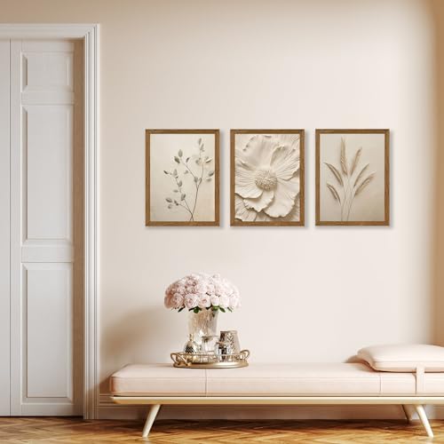 JLTULT Beige Floral Wall Art Set of 3 - 12x16 Inch Botanical Canvas Prints with Solid Wood Frames