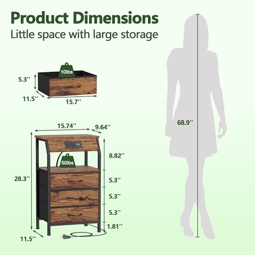 Furnulem Rustic Brown 3-Drawer Nightstand with Charging Station - Bedside Table