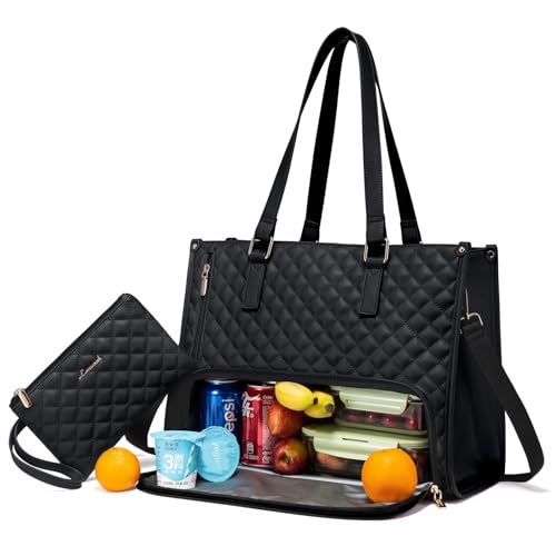 Insulated Lunch Tote Bag for Women - 15.6 Inch Laptop & Purse - Black