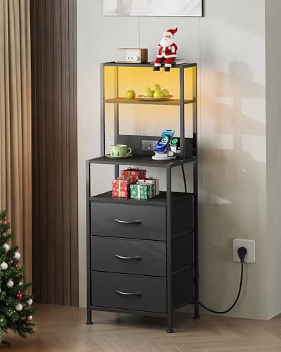WLIVE 1 Piece Black Tall Nightstand with Charging Station & LED Lights, 3 Fabric Drawers & Open Shelves
