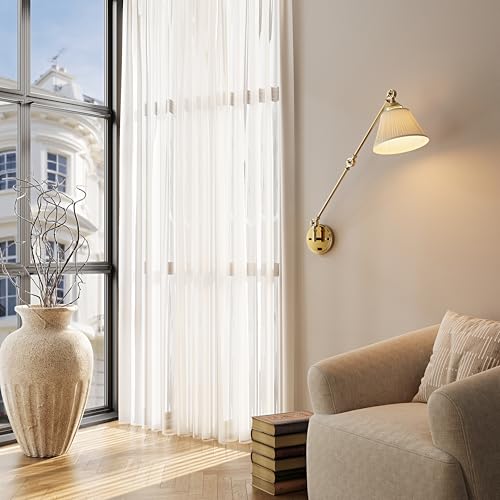 Gold Swing Arm Wall Sconce Set of 2 with Fabric Shades, Plug-in & Hardwired, Adjustable Reading Lights for Bedroom & Living Room - Beige Shade